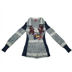 Save The Queen Women Knit Cardigan S Mohair Blend Fringe Leather Patch Lagenlook